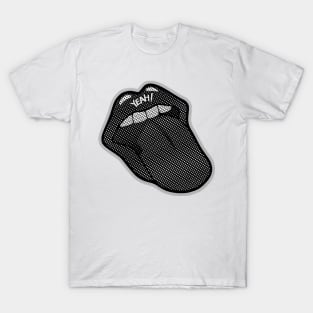 Rock tongue customized with black and white dots and the word, Yeah! Psychedelic iconic mouth sticking out its tongue in black and white. T-Shirt